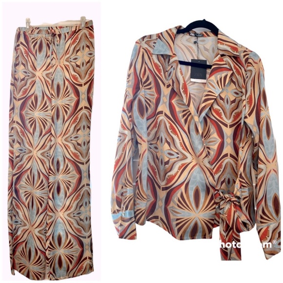 Zara coord set, printed wrap shirt and wide leg pants sz M, pajama style - Picture 11 of 11